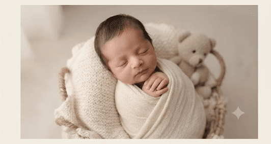Newborn wrapped and sleeping, studio session by 8 Lenses
